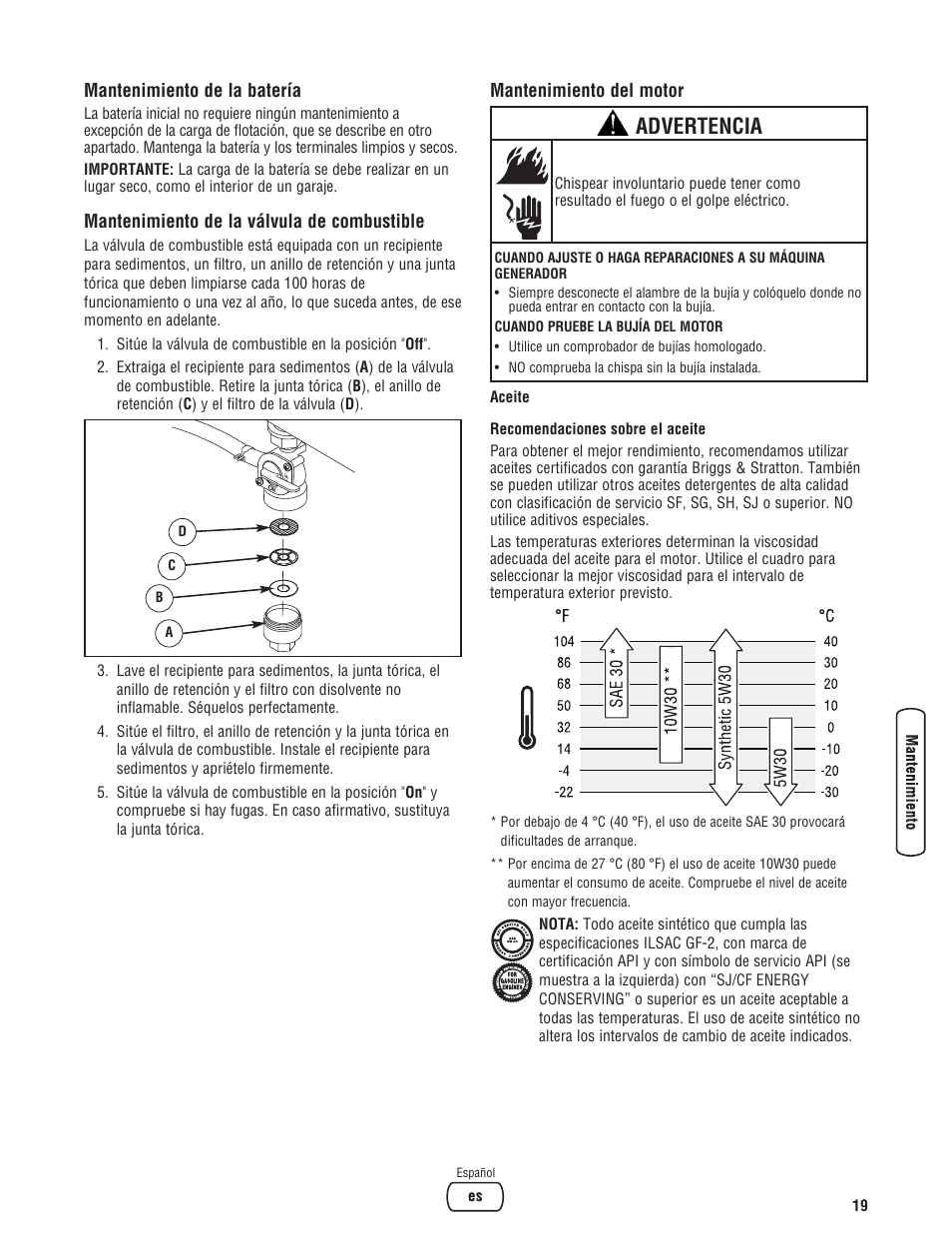 Advertencia | Briggs & Stratton 203985GS User Manual | Page 47 / 84