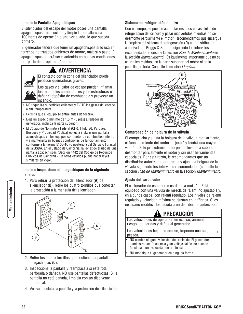 Advertencia, Precaución | Briggs & Stratton 203985GS User Manual | Page 50 / 84