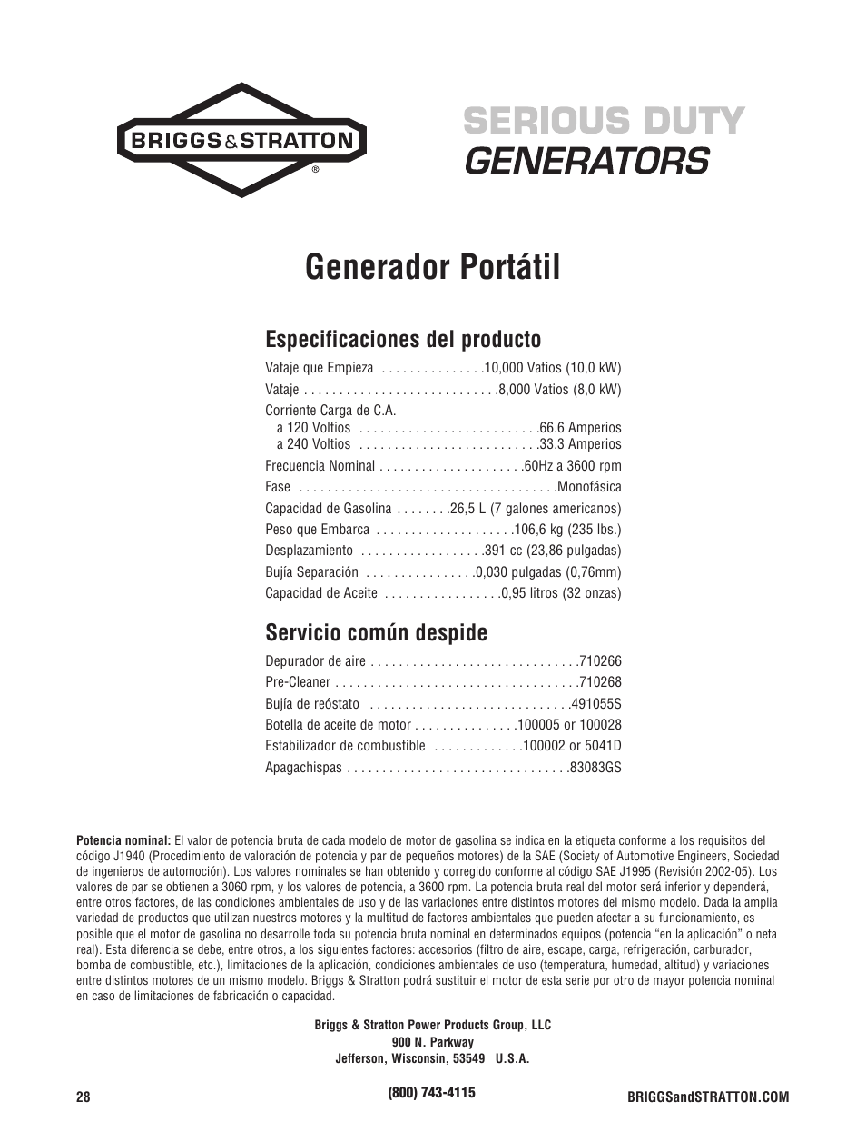 Generador portátil, Especificaciones del producto, Servicio común despide | Briggs & Stratton 203985GS User Manual | Page 56 / 84