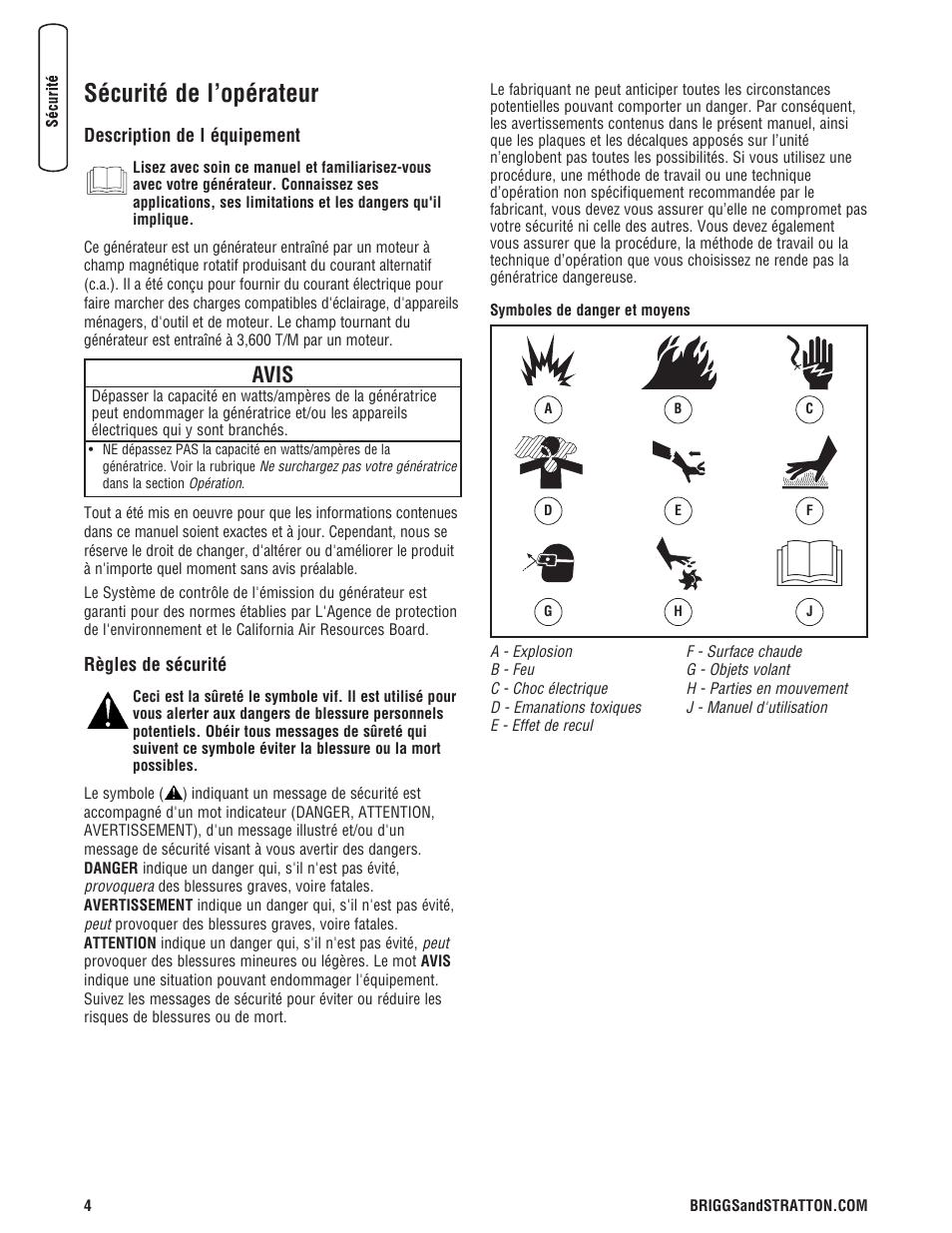 Sécurité de l’opérateur, Avis | Briggs & Stratton 203985GS User Manual | Page 60 / 84
