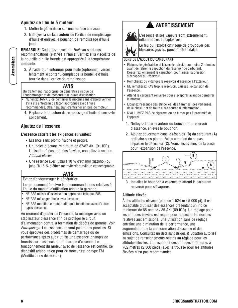 Avis, Avertissement | Briggs & Stratton 203985GS User Manual | Page 64 / 84