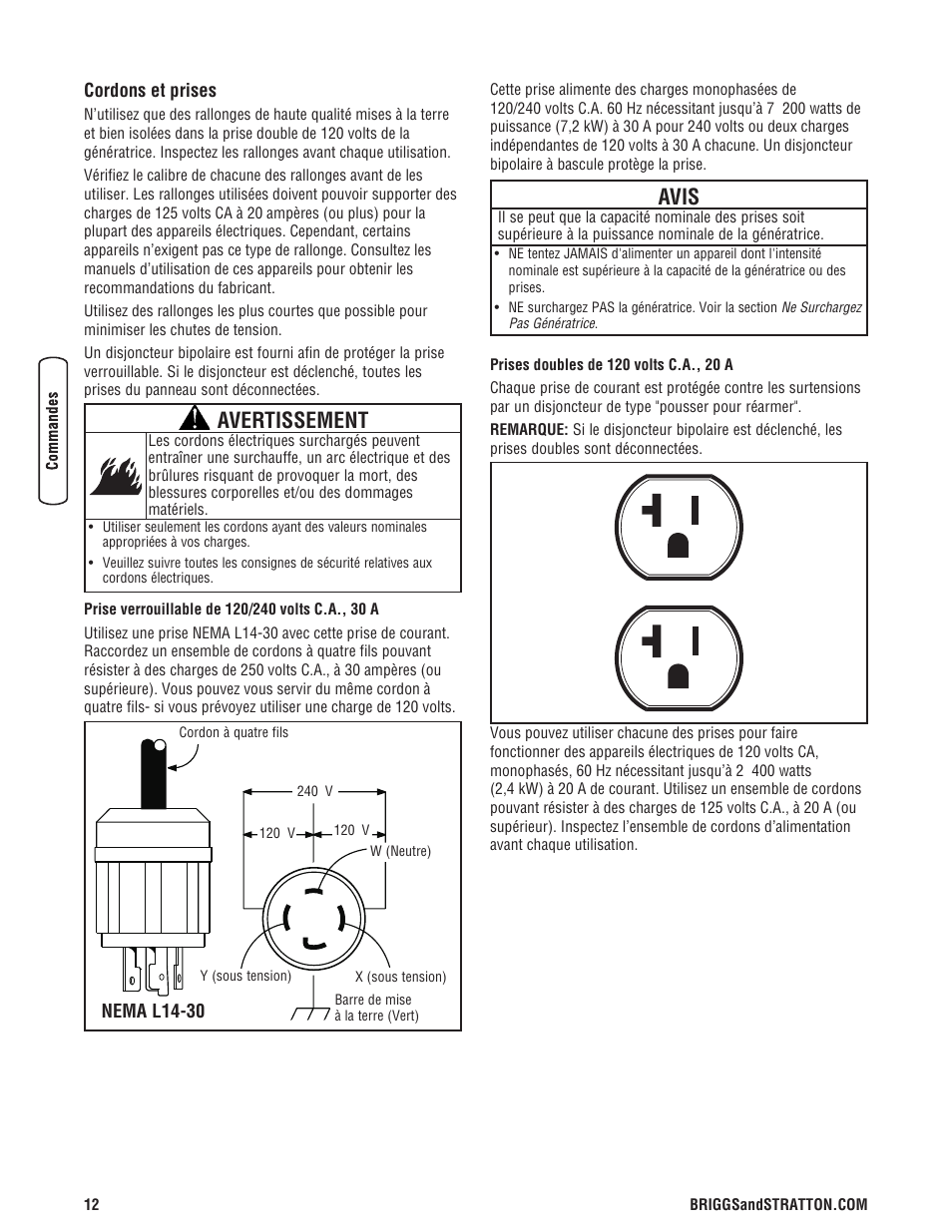 Avertissement, Avis | Briggs & Stratton 203985GS User Manual | Page 68 / 84