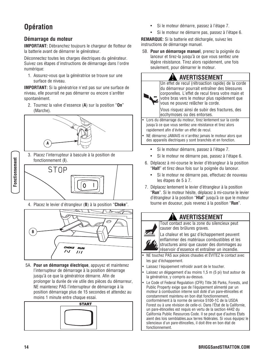 Opération, Avertissement | Briggs & Stratton 203985GS User Manual | Page 70 / 84