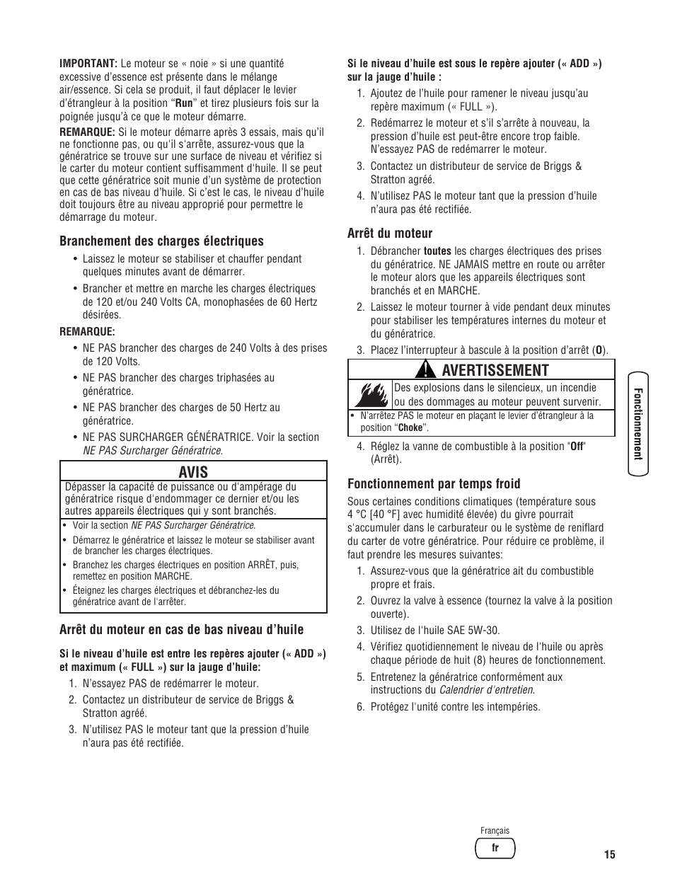 Avis, Avertissement | Briggs & Stratton 203985GS User Manual | Page 71 / 84