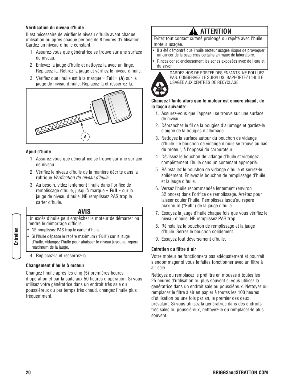 Avis, Attention | Briggs & Stratton 203985GS User Manual | Page 76 / 84