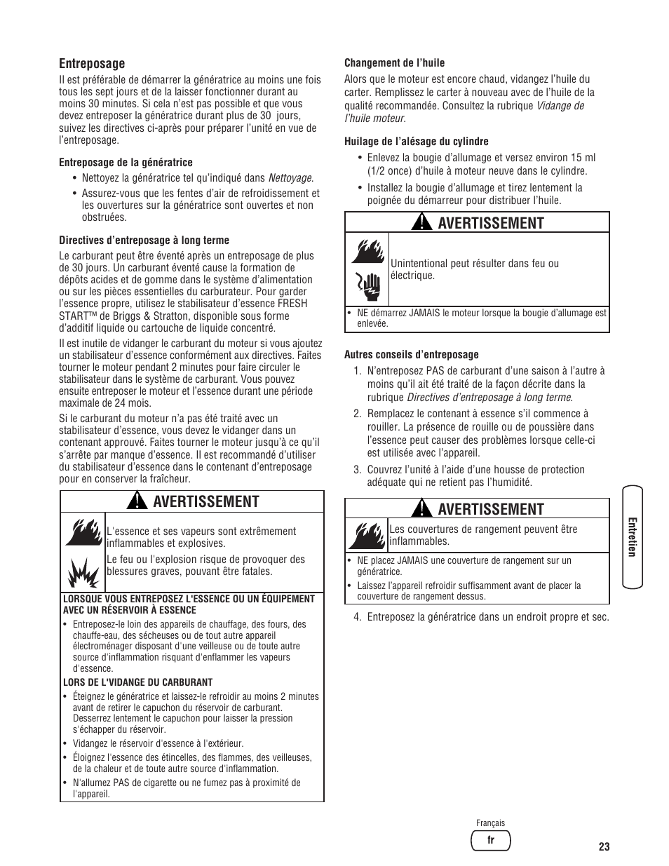Avertissement | Briggs & Stratton 203985GS User Manual | Page 79 / 84