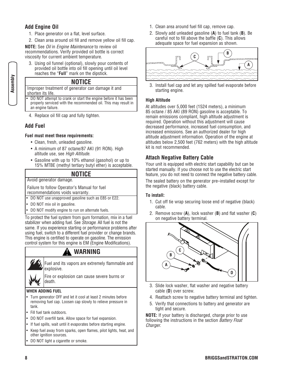 Notice, Warning | Briggs & Stratton 203985GS User Manual | Page 8 / 84