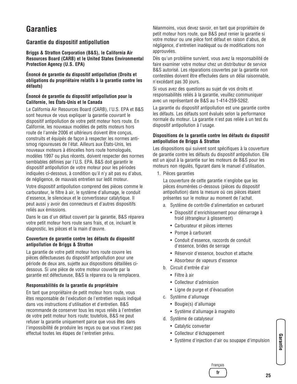 Garanties | Briggs & Stratton 203985GS User Manual | Page 81 / 84