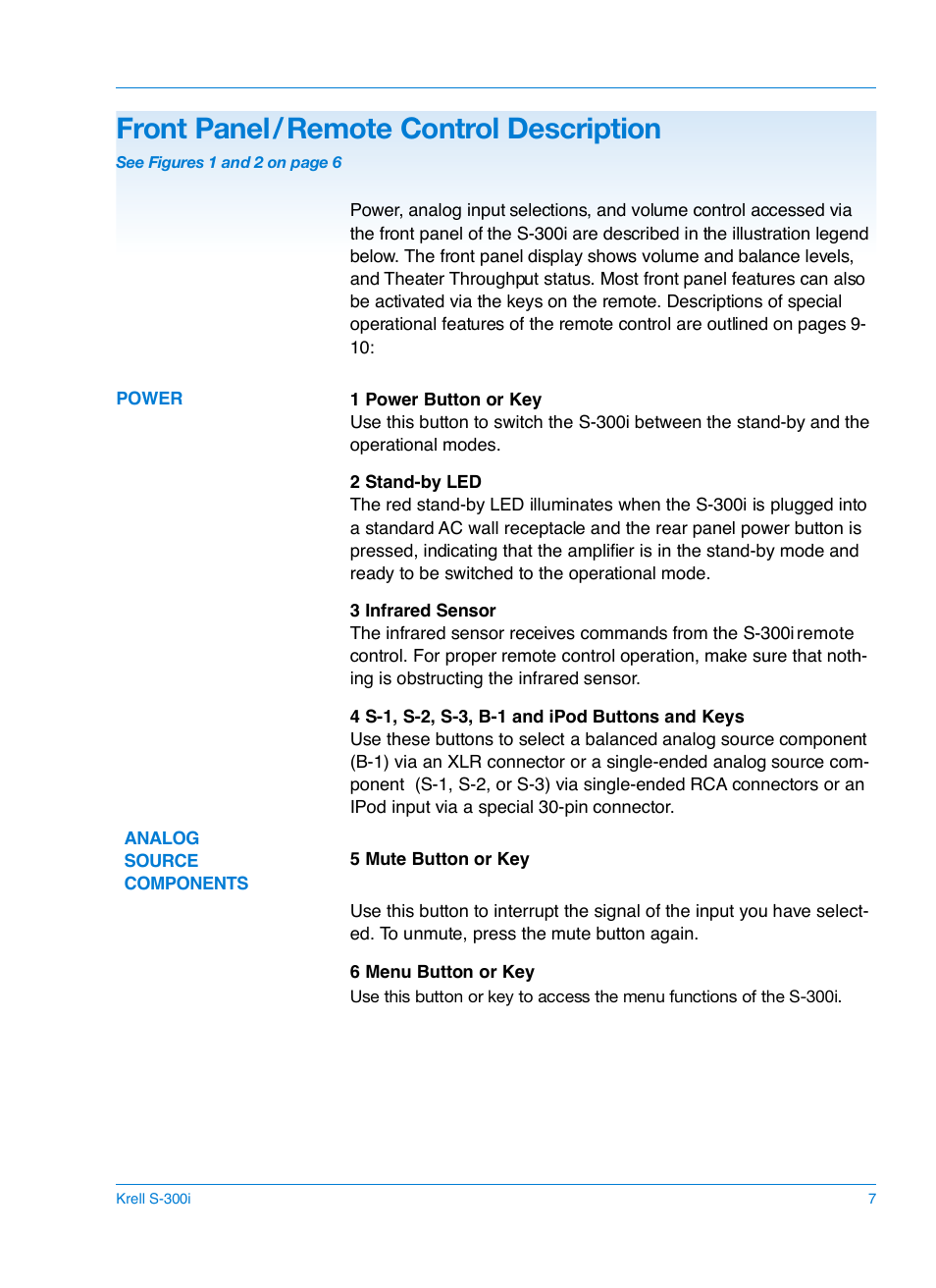 F ront panel/ remote control description | Krell S-300i User Manual | Page 11 / 34