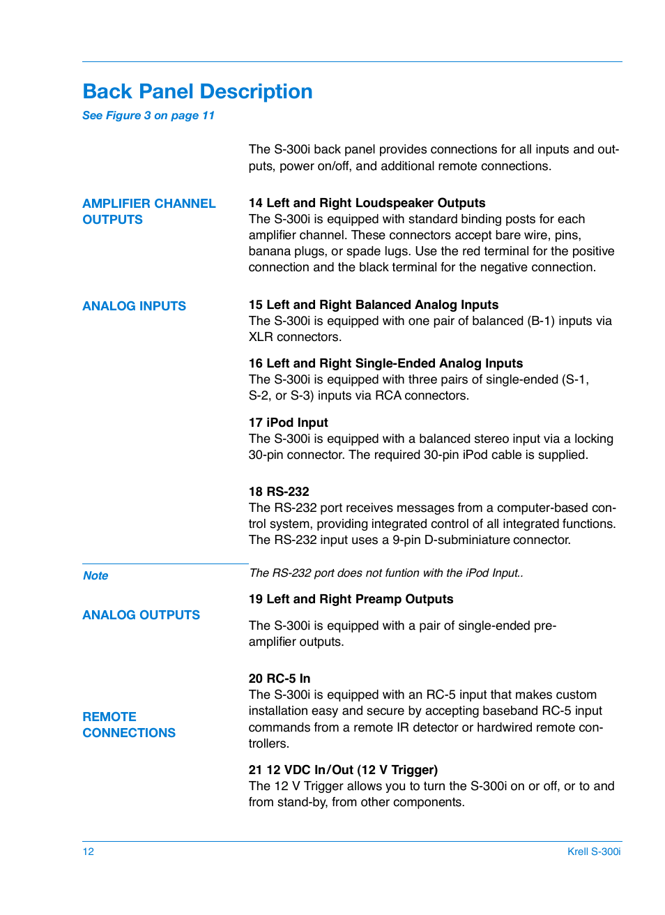 Back panel description | Krell S-300i User Manual | Page 16 / 34