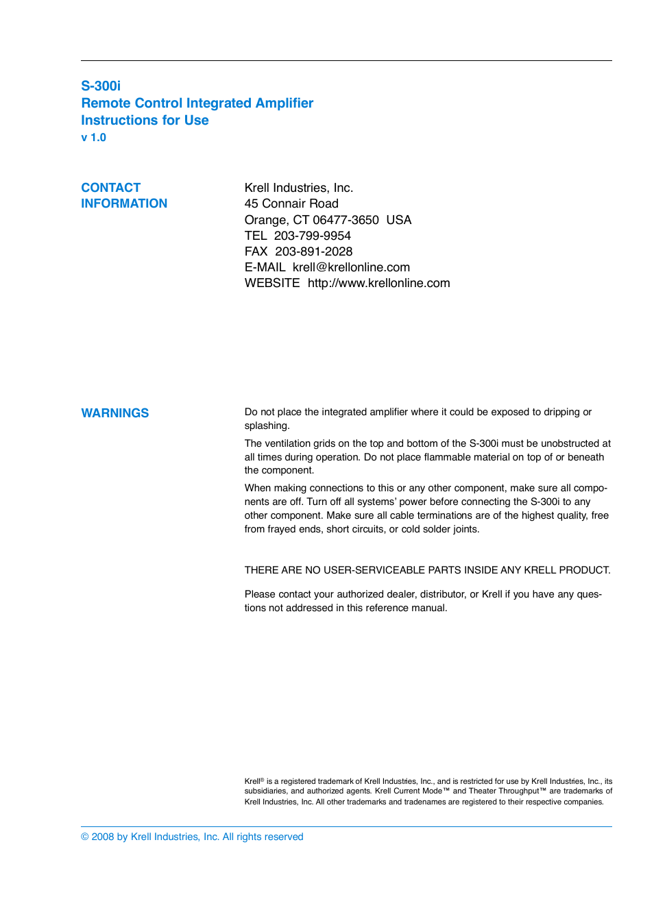 Krell S-300i User Manual | Page 2 / 34