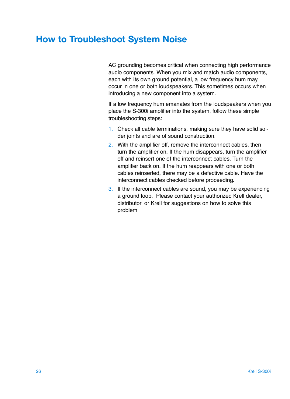 How to troubleshoot system noise | Krell S-300i User Manual | Page 30 / 34