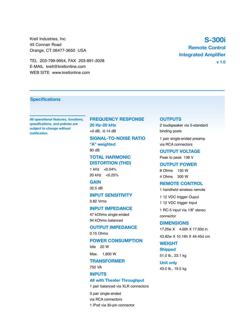 S-300i | Krell S-300i User Manual | Page 34 / 34