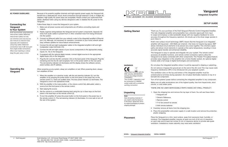 Krell Vanguard User Manual | 2 pages