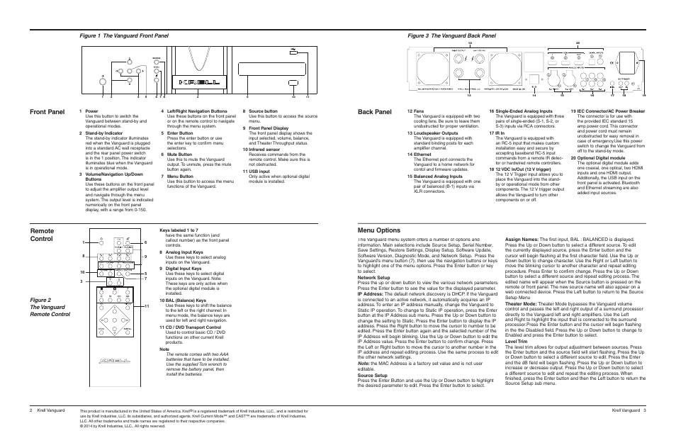 Front panel, Remote control back panel, Menu options | Krell Vanguard User Manual | Page 2 / 2