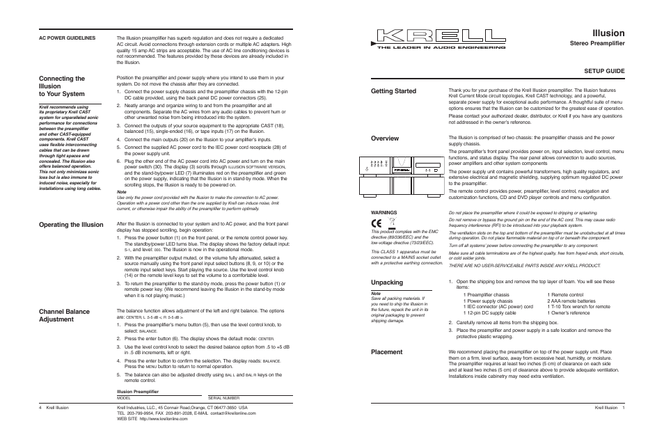 Krell Illusion Preamplifier User Manual | 2 pages