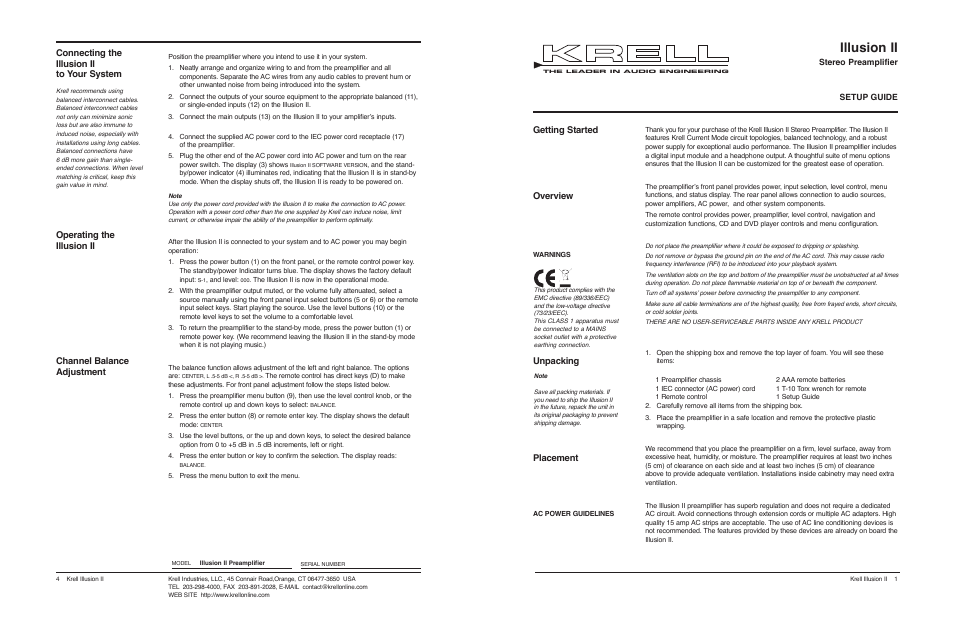 Krell Illusion II Preamplifier User Manual | 2 pages