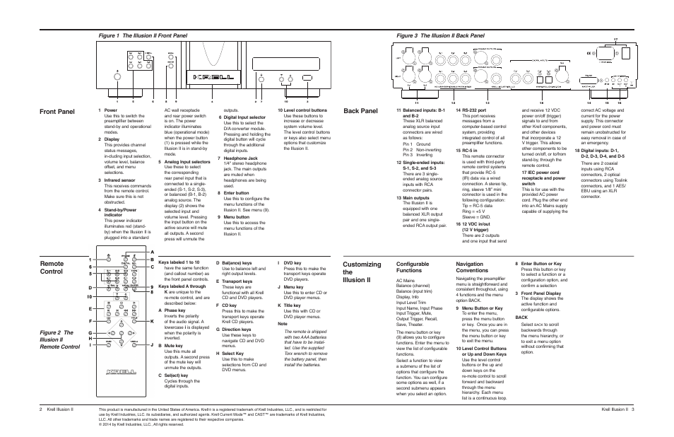Front panel, Customizing the illusion ii, Remote control back panel | Configurable functions, Navigation conventions | Krell Illusion II Preamplifier User Manual | Page 2 / 2