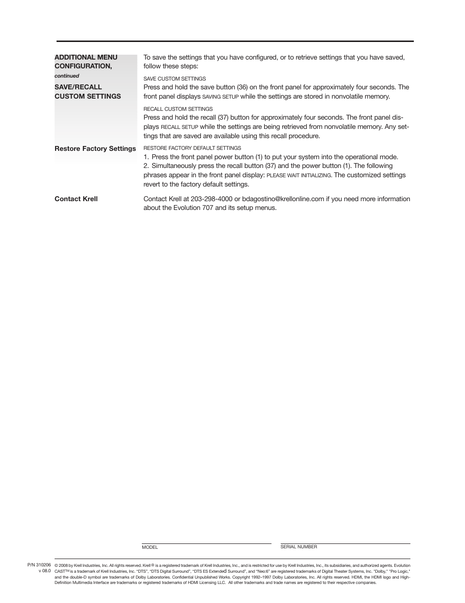 Krell 707 Evolution User Manual | Page 12 / 12