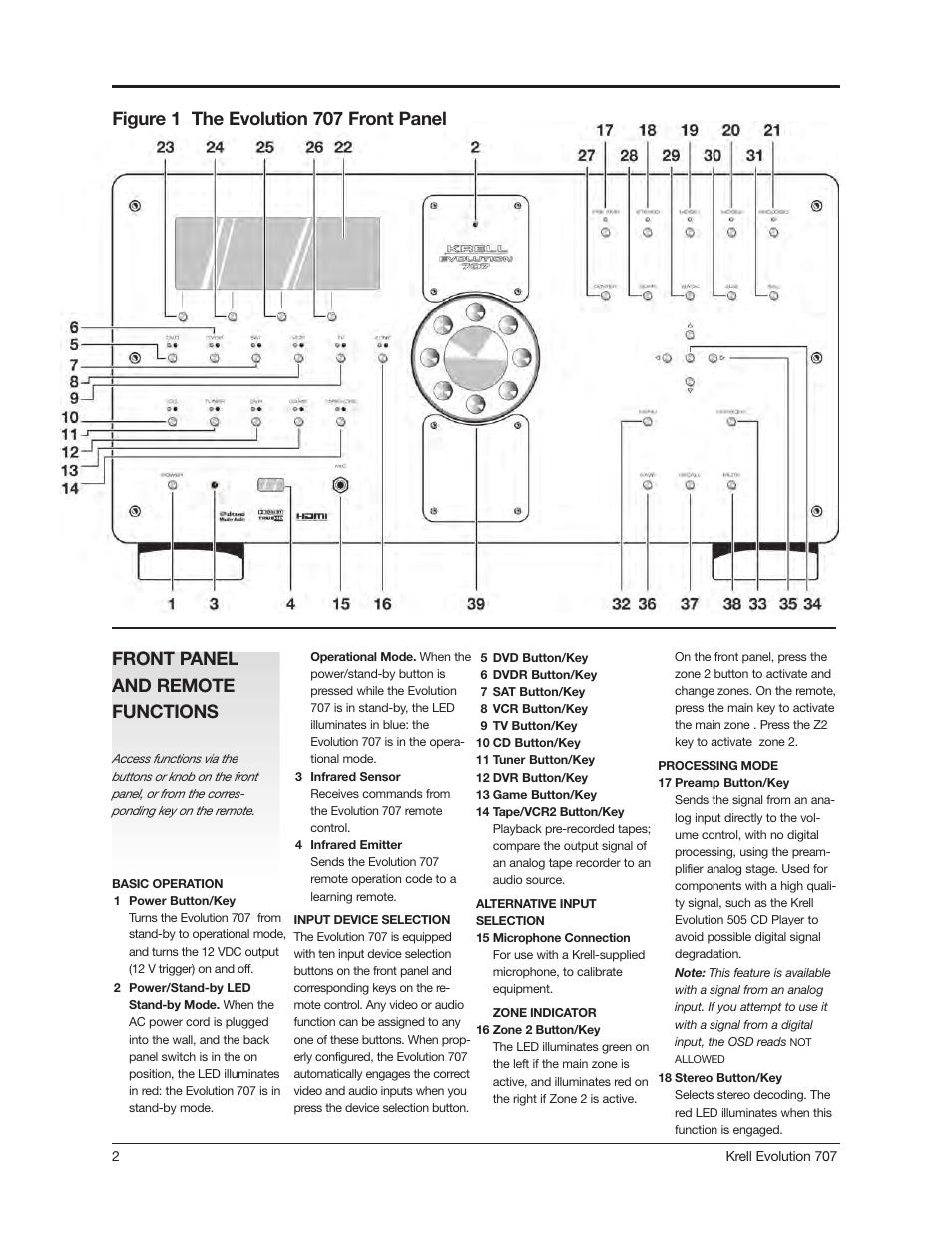 Front panel and remote functions, Figure 1 the evolution 707 front panel | Krell 707 Evolution User Manual | Page 2 / 12