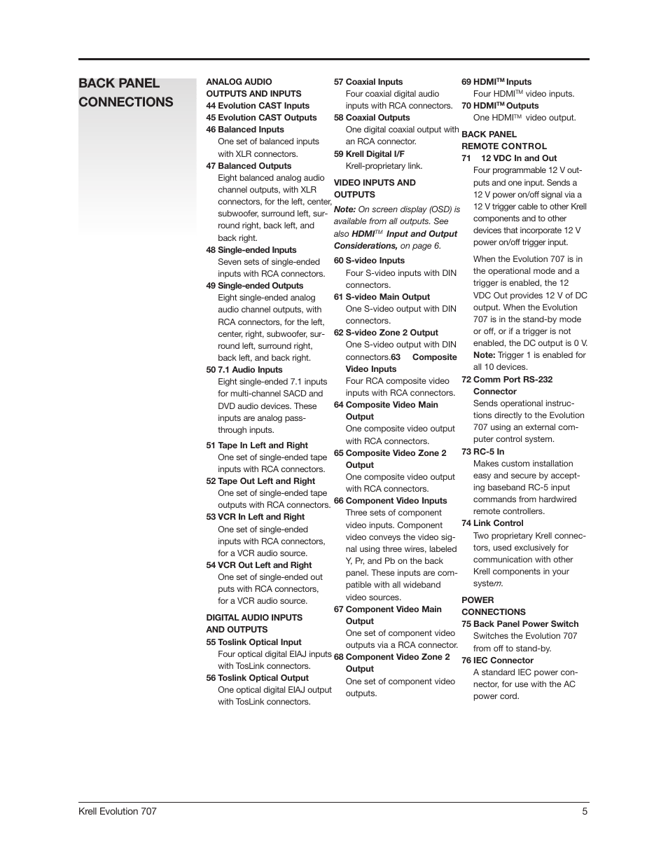 Back panel connections | Krell 707 Evolution User Manual | Page 5 / 12