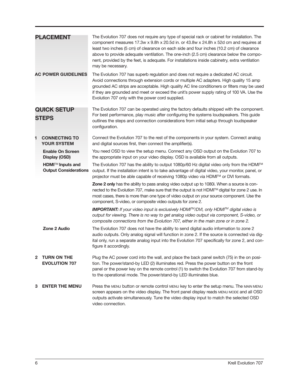 Placement quick setup steps | Krell 707 Evolution User Manual | Page 6 / 12