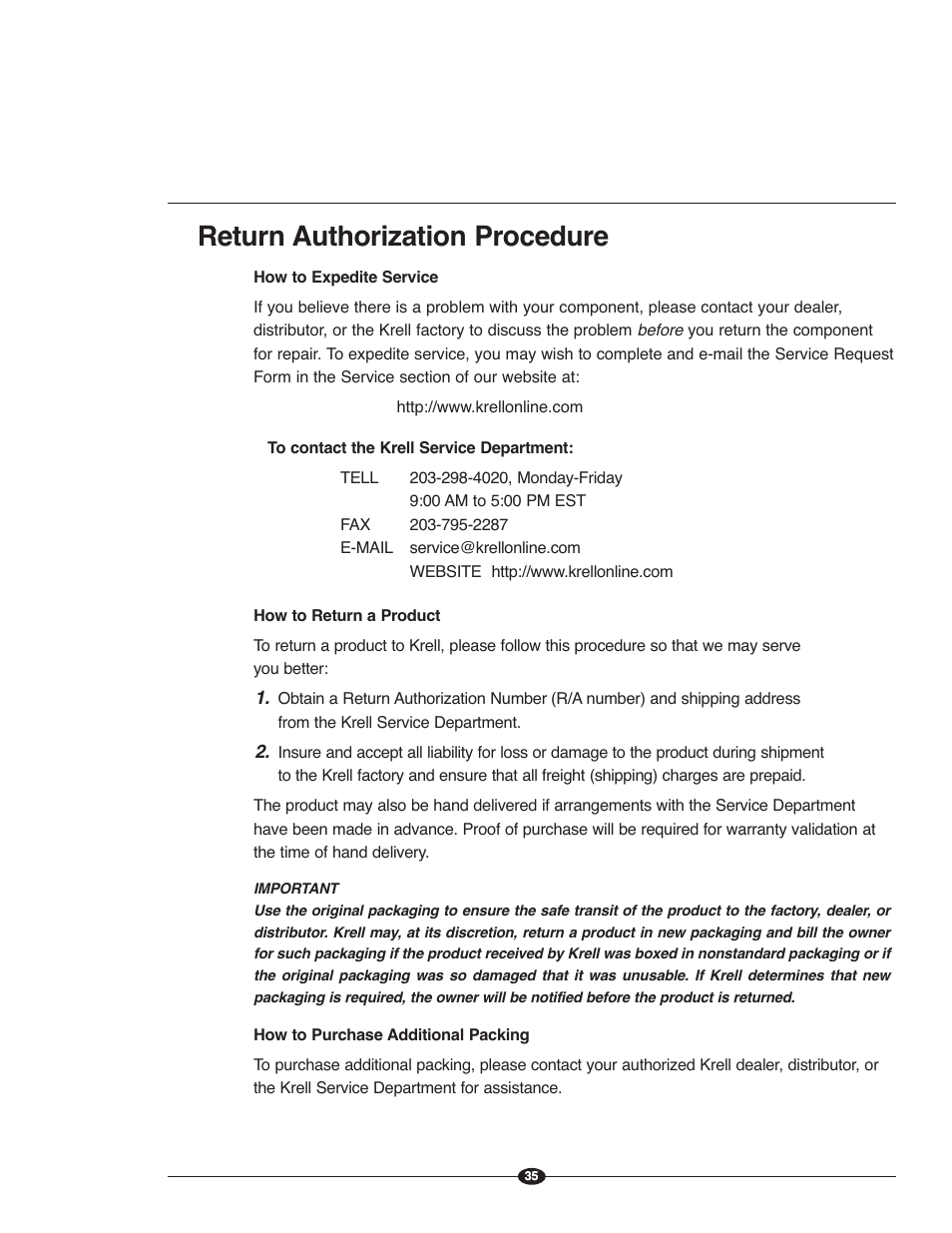 Return authorization procedure | Krell Evolution e Series Manual User Manual | Page 35 / 40
