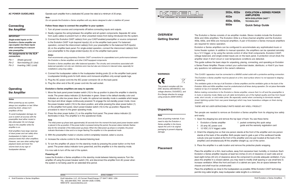 Krell Evolution e Series Quick Start User Manual | 2 pages