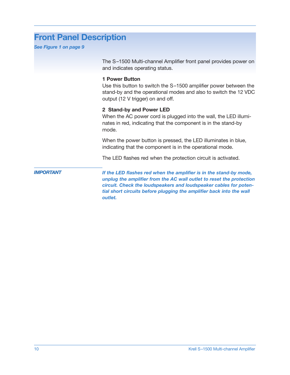 Front panel description | Krell S-1500 User Manual | Page 10 / 23