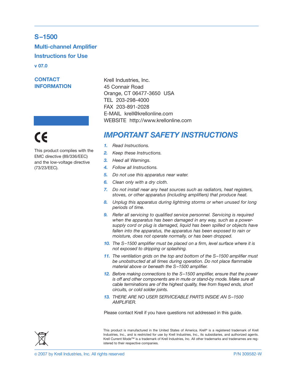 Important safety instructions, S –1500, Multi-channel amplifier instructions for use | Go to website | Krell S-1500 User Manual | Page 2 / 23