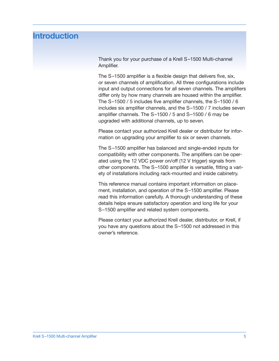 Introduction | Krell S-1500 User Manual | Page 5 / 23