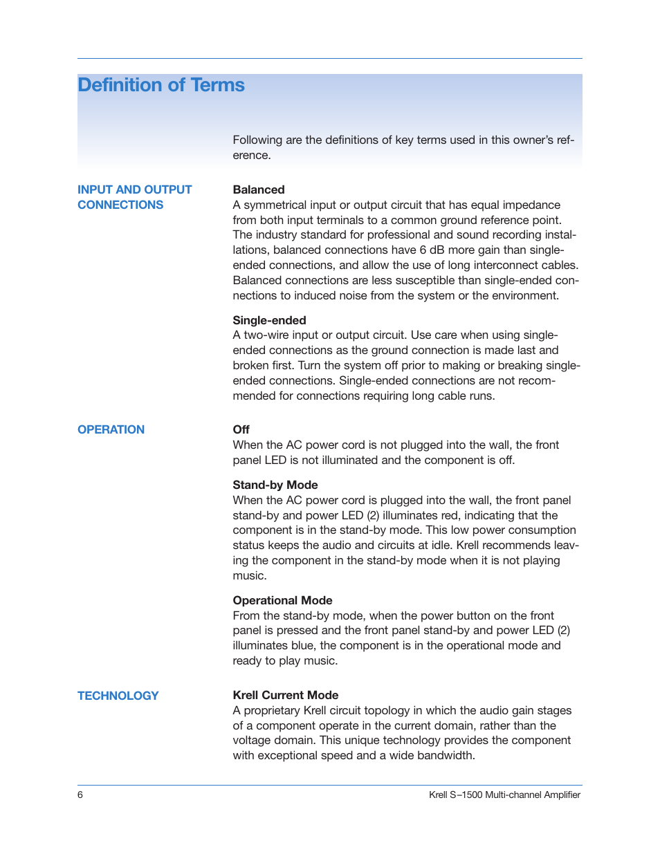 Definition of terms | Krell S-1500 User Manual | Page 6 / 23