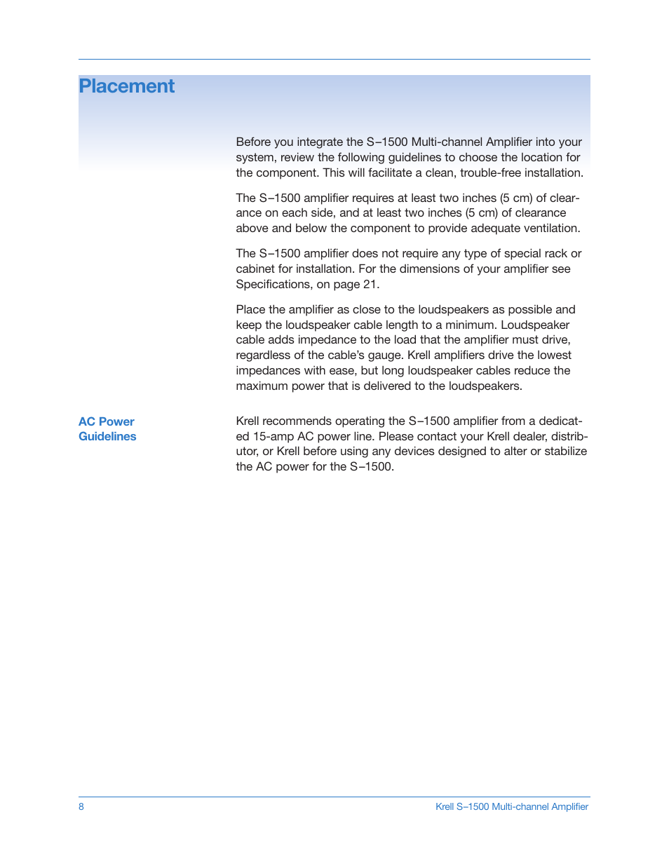 Placement, Ac power guidelines | Krell S-1500 User Manual | Page 8 / 23