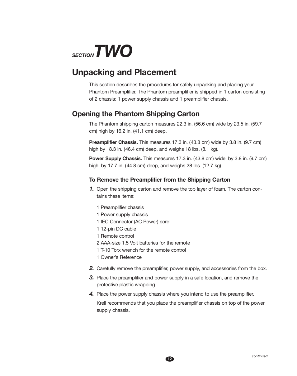 Unpacking and placement, Opening the phantom shipping carton | Krell Phantom Manual User Manual | Page 12 / 54