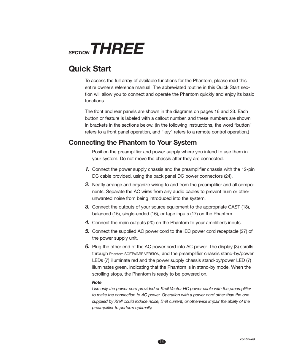 Three, Quick start, Connecting the phantom to your system | Krell Phantom Manual User Manual | Page 14 / 54