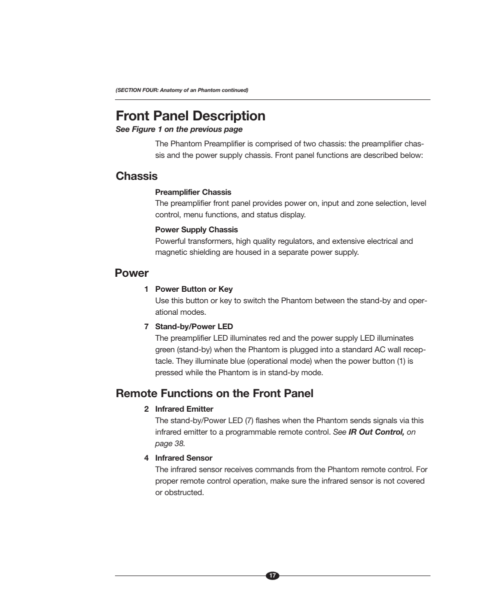 Front panel description, Chassis, Power | Remote functions on the front panel | Krell Phantom Manual User Manual | Page 17 / 54