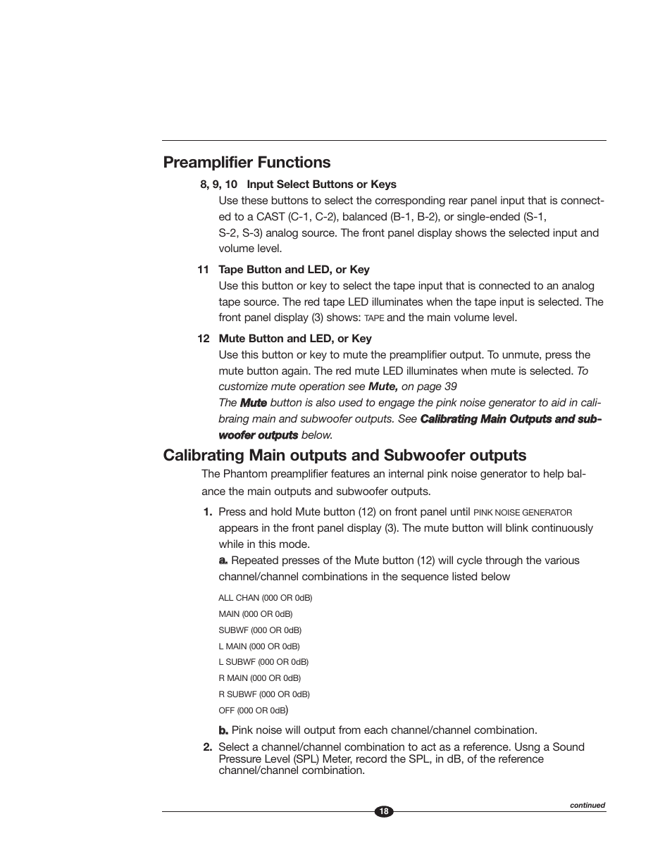 Preamplifier functions, Calibrating main outputs and subwoofer outputs | Krell Phantom Manual User Manual | Page 18 / 54