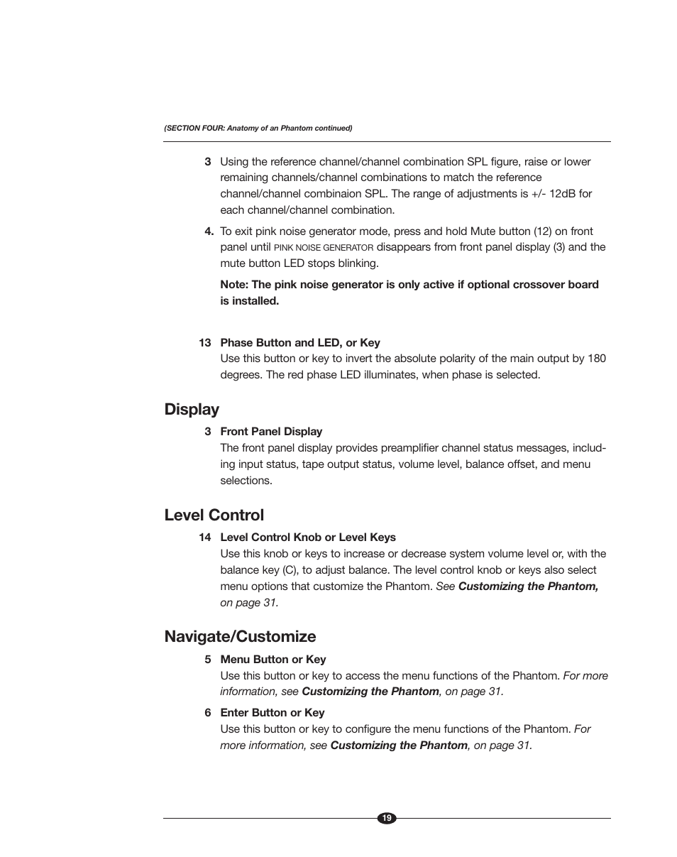 Display, Level control, Navigate/customize | Krell Phantom Manual User Manual | Page 19 / 54