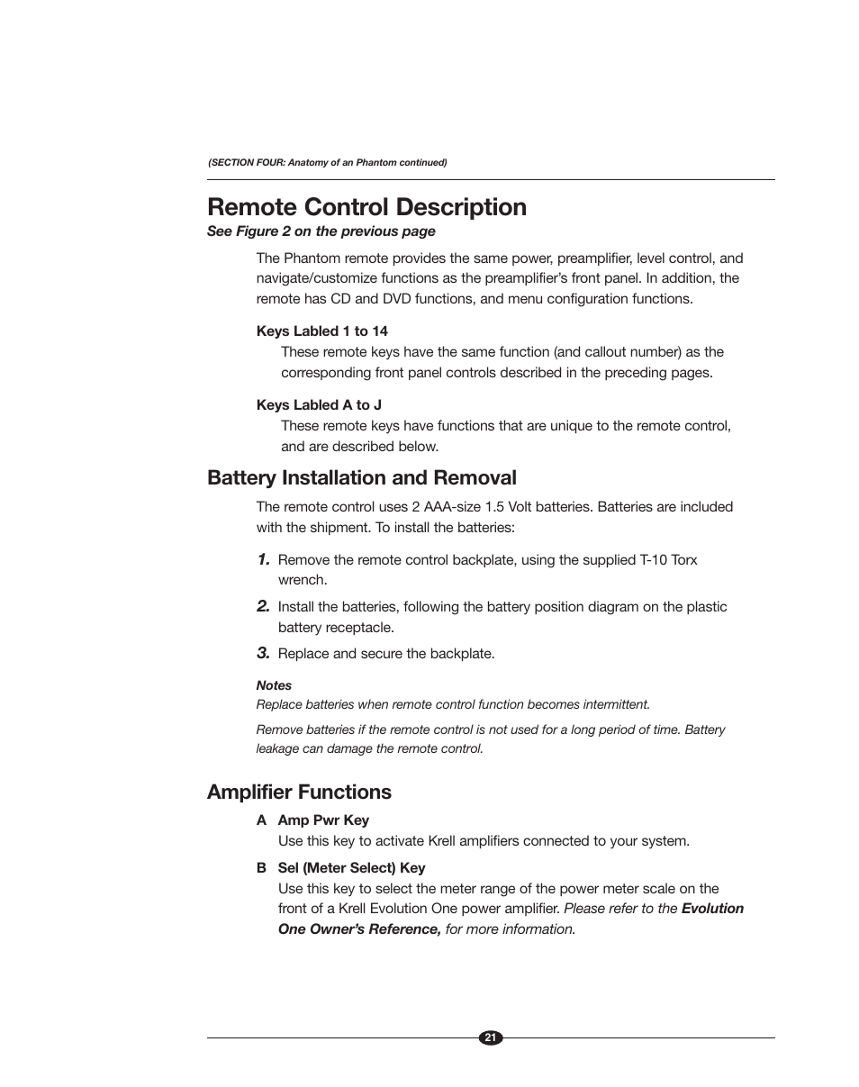 Remote control description, Battery installation and removal, Amplifier functions | Krell Phantom Manual User Manual | Page 21 / 54