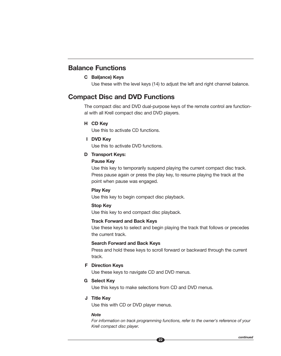 Balance functions, Compact disc and dvd functions | Krell Phantom Manual User Manual | Page 22 / 54