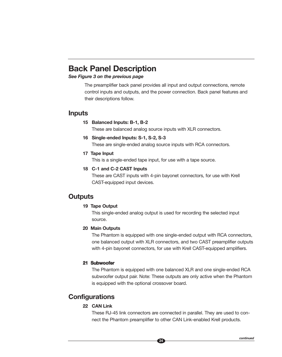 Back panel description, Inputs, Outputs | Configurations | Krell Phantom Manual User Manual | Page 24 / 54