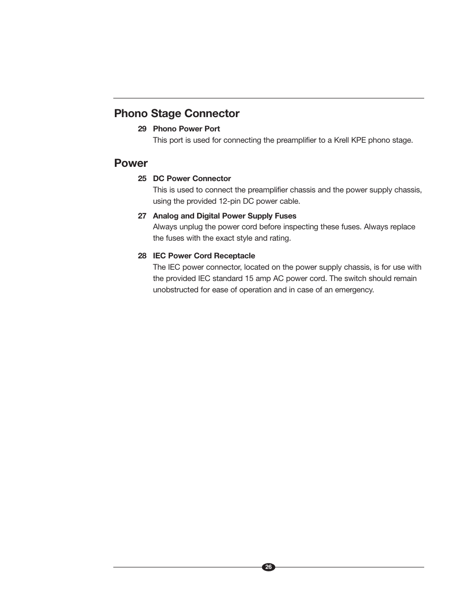 Phono stage connector, Power | Krell Phantom Manual User Manual | Page 26 / 54