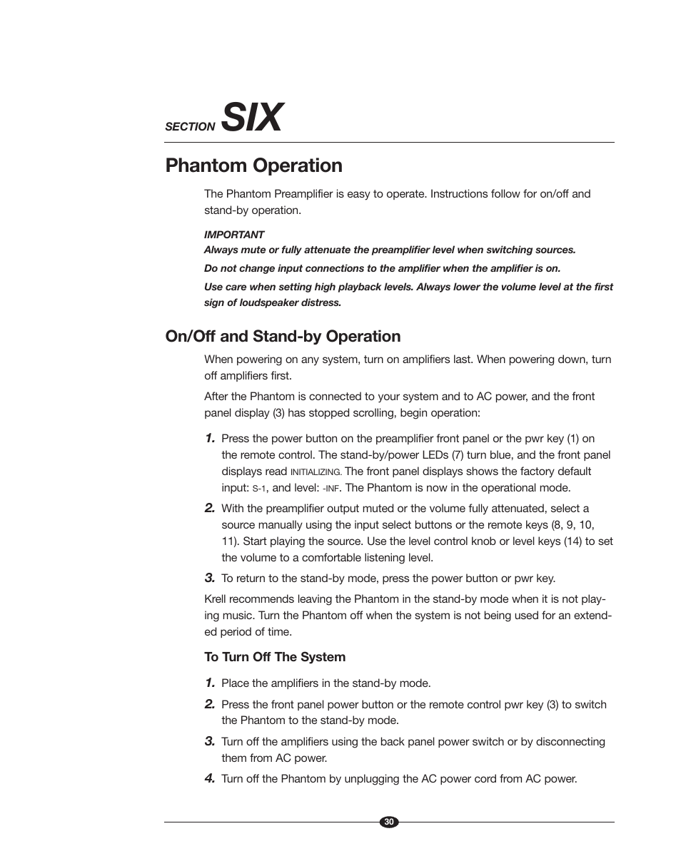 Phantom operation, On/off and stand-by operation | Krell Phantom Manual User Manual | Page 30 / 54