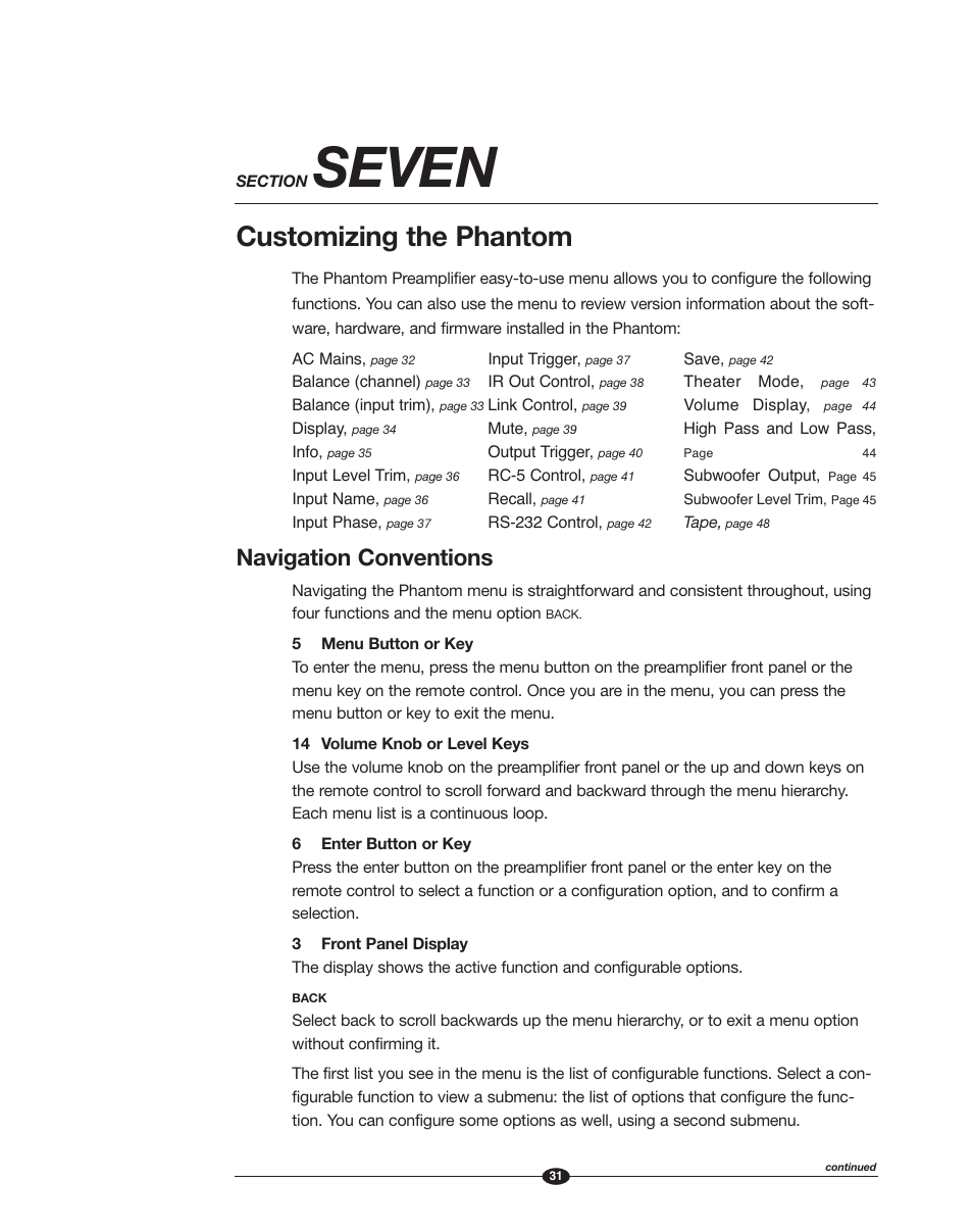 Seven, Customizing the phantom, Navigation conventions | Krell Phantom Manual User Manual | Page 31 / 54