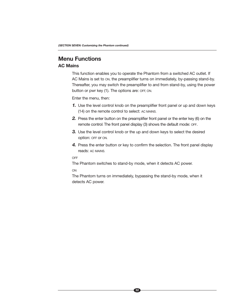 Menu functions | Krell Phantom Manual User Manual | Page 32 / 54