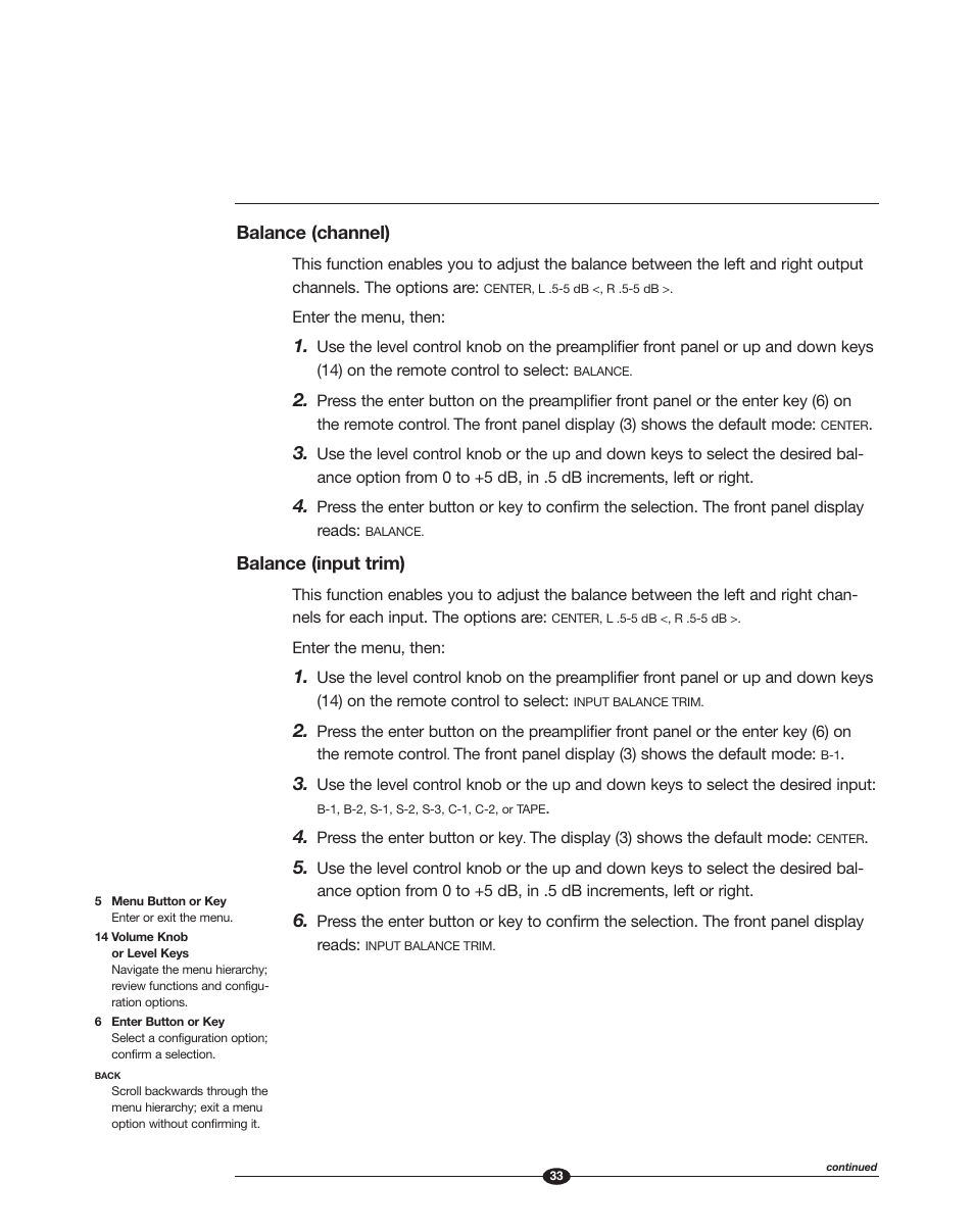 Balance (channel), Balance (input trim) | Krell Phantom Manual User Manual | Page 33 / 54