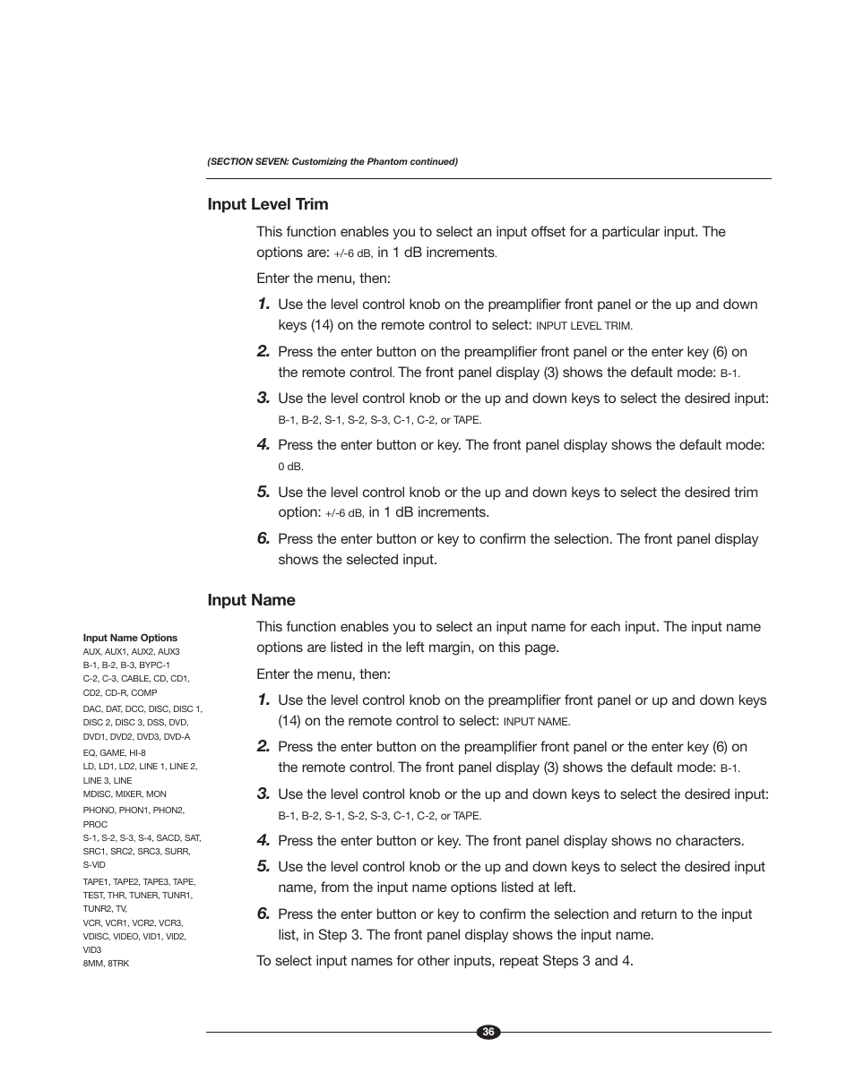 Input level trim, Input name | Krell Phantom Manual User Manual | Page 36 / 54