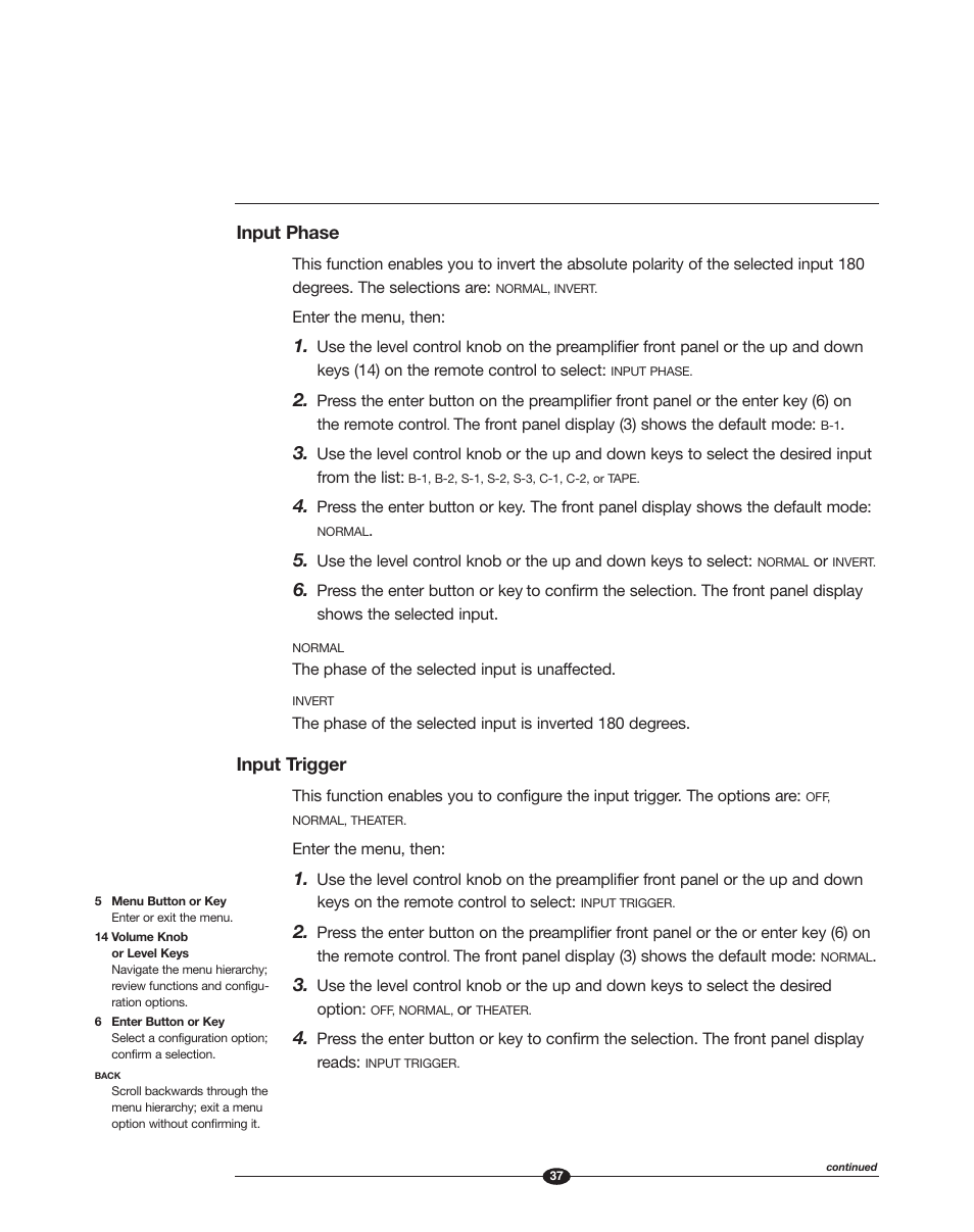 Input phase, Input trigger | Krell Phantom Manual User Manual | Page 37 / 54