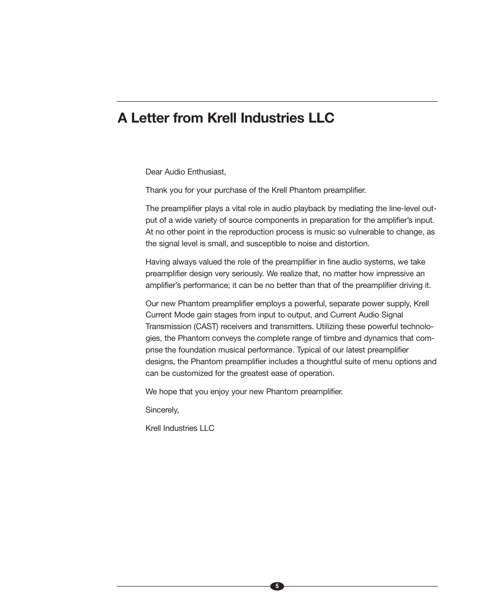 A letter from krell industries llc | Krell Phantom Manual User Manual | Page 5 / 54