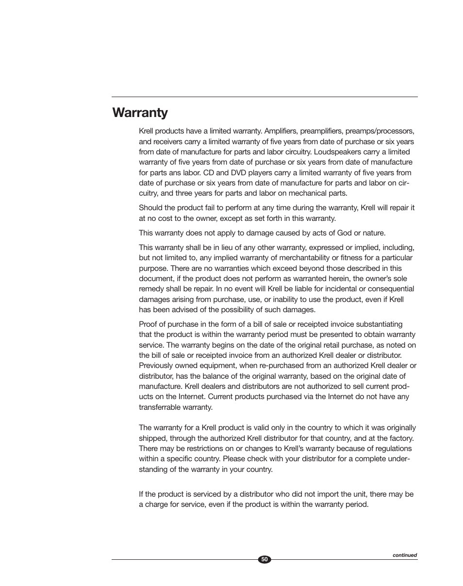 Warranty | Krell Phantom Manual User Manual | Page 50 / 54